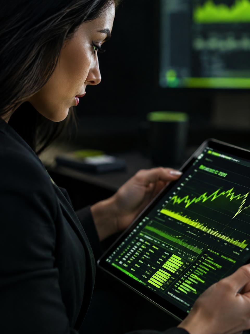 Analyst reviewing market charts on a tablet in a dark office