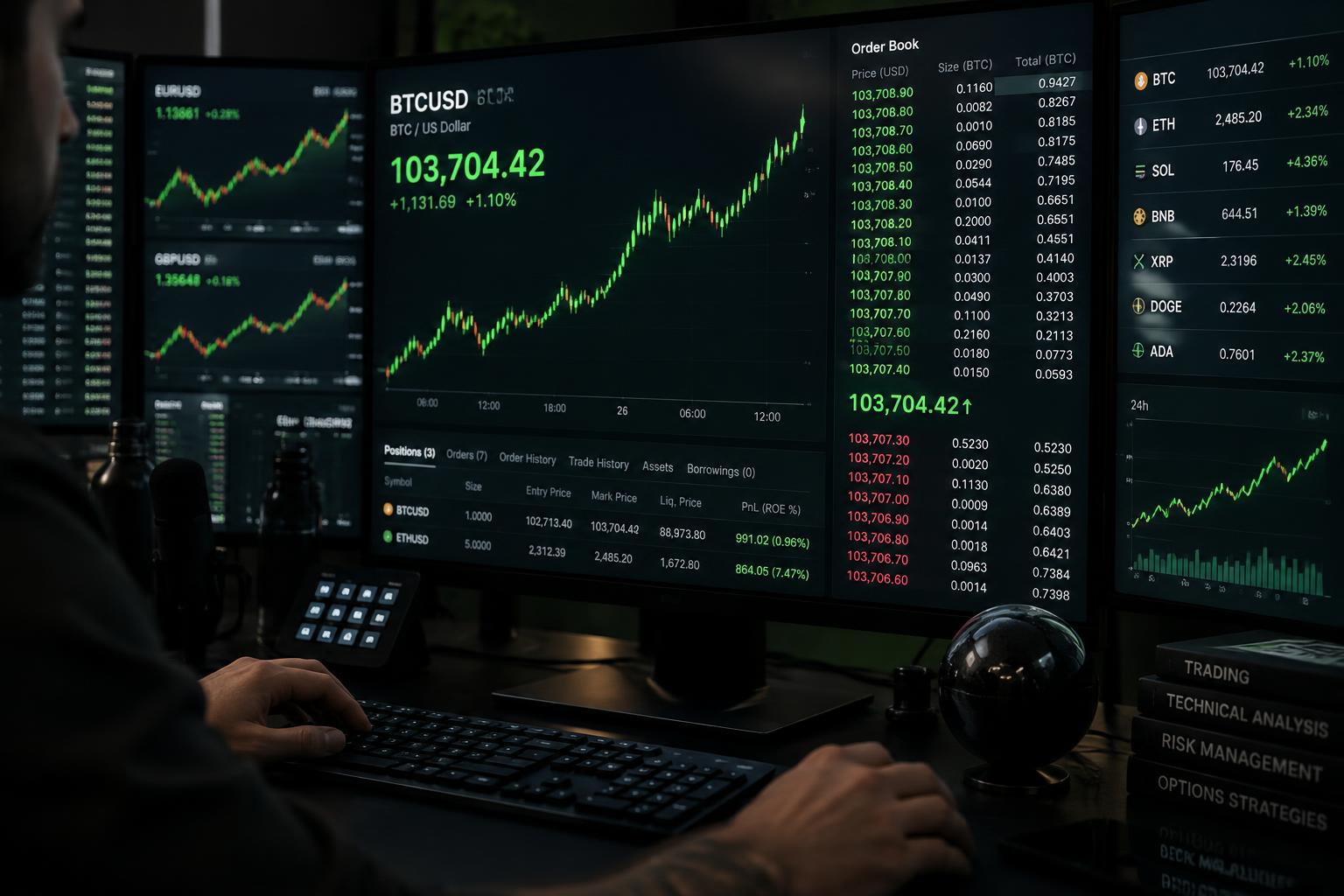 Professional trading desk with multiple screens showing candlestick charts