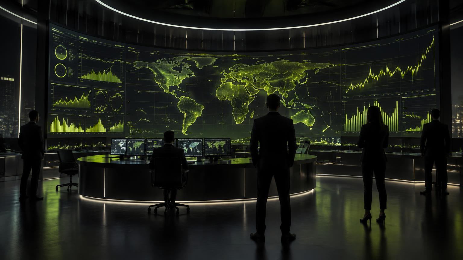 Operations room with a wall of screens showing a global market visualisation
