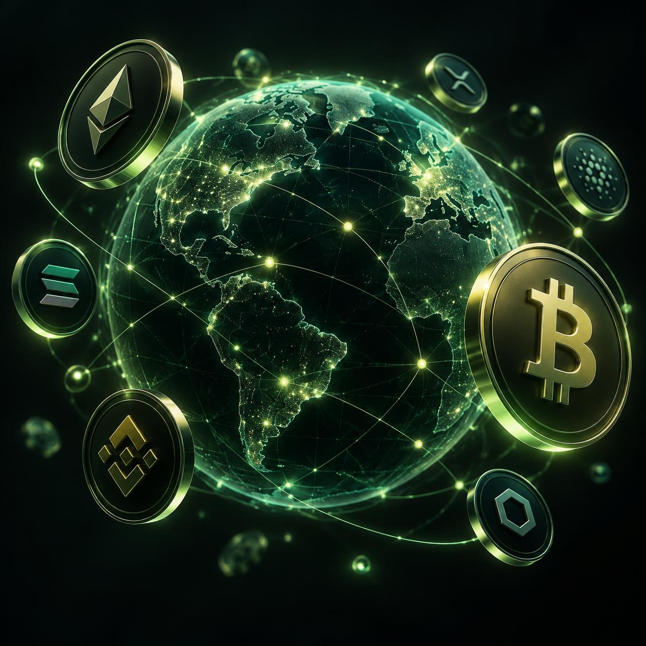 Illustration of a globe surrounded by digital-asset symbols