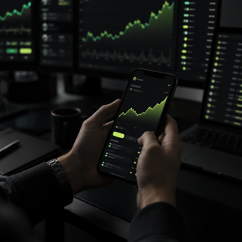 Trader reviewing a dark trading interface on a mobile phone