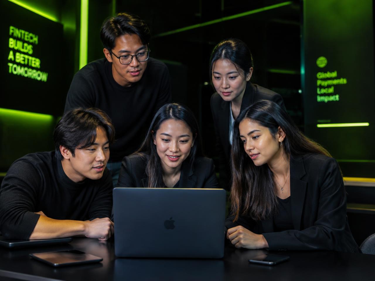 Diverse group of professionals working together in a modern fintech office